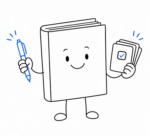 A cartoon journal holding a pen and cards